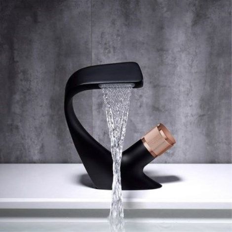 Robinet de lavabo noir pour eau froide et chaude, robinet de salle de bain noir (chrome rose doré) (1/4)