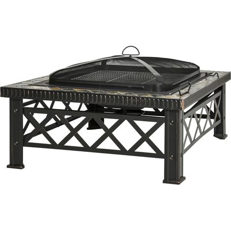 Quadratische Feuerstelle aus schwarzem Stahl 76 x 76 x 47 cm mit Funkenschutz und Grillrost (1/5)