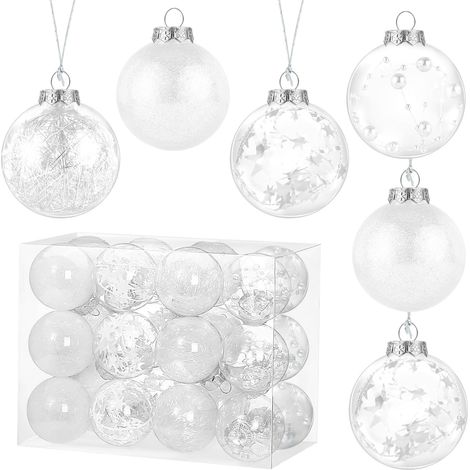 Boule de Noël Blanche, Lot de 24 Pièces, Boules Décoratives Transparentes et Blanches pour Sapin de Noël, Décoration Intérieure (1/5)