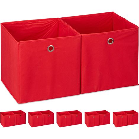 12 Cajas de almacenaje, Cuadradas, Cajas textiles, 30 x 30 x 30 cm, Cubos almacenaje para estanterías, Tela, Rojo
