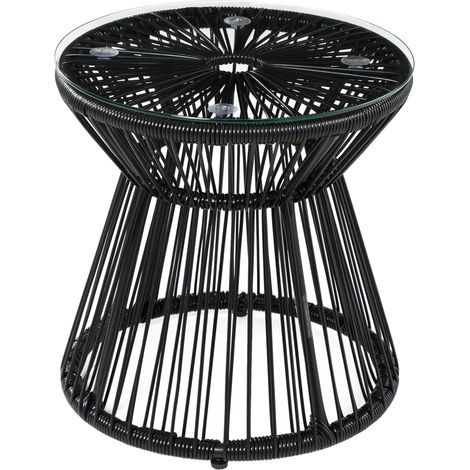 Table d'appoint de jardin ronde en rotin PE et verre trempé 5 mm, table basse d'extérieur style bohème 40x40x42 cm (1/5)