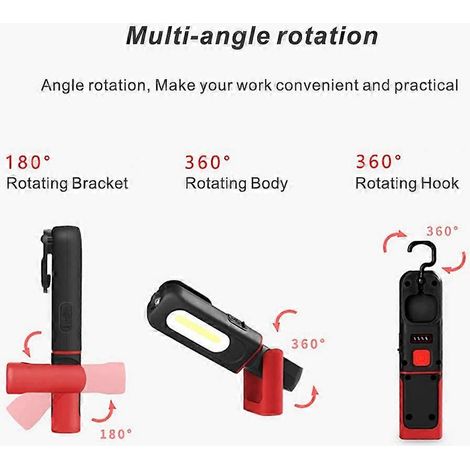 Lampe de travail LED rechargeable 2 en 1 avec lampe d'inspection rotative à 360° et lampe torche LED COB 5 W, base magnétique et crochet pour atelier à domicile