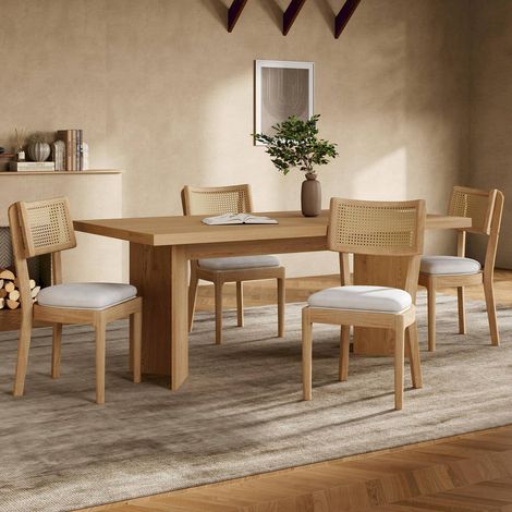 Lot de 2 chaises modernes bois massif naturel, dossier rotin tressé, assise lin, style contemporain (1/5)