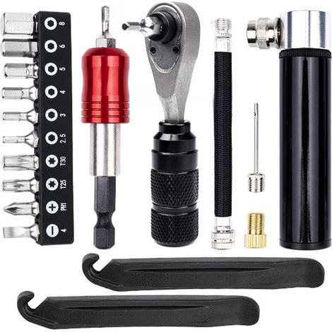 Kit de réparation de pneus de vélo avec clé à cliquet 72 dents, outil multifonction portable et sac de rangement pour vélos de route et VTT TOOL2 (1/5)