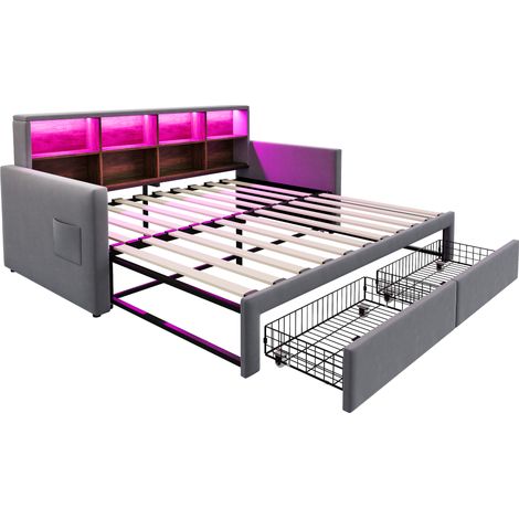 GagaCanapé-lit extensible 90, 180 x 190 cm avec LED et prises gris foncé (1/5)