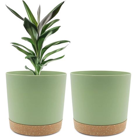 Lot de 2 Pots de Plantes 20x16,5x19 cm , Pots pour Plantes d'intérieur avec Trous de Drainage et Base Amovible, Soucoupe décorative Moderne pour jardinières d'extérieur (Vert) (1/5)