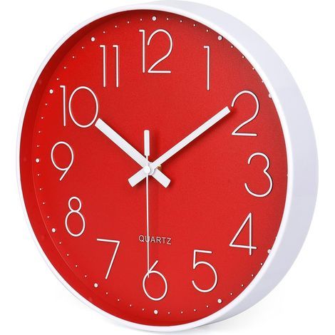 Horloge murale moderne silencieuse rouge de 30 cm, à quartz (sans tic-tac), ronde, fonctionne sur piles (1/5)