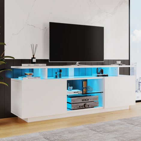 Meuble TV LED 16 couleurs, meuble bas brillant, 140×35×55 cm, pour TV jusqu’à 60 pouces, 1 étagère ouverte, buffet bas moderne salon, Blanc (1/5)