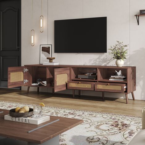 Mueble TV 200x37x49,5 Cm Para TV 80 Pulgadas, 2 Puertas Ratán, 2 Cajones, Lowboard Moderno (1/5)