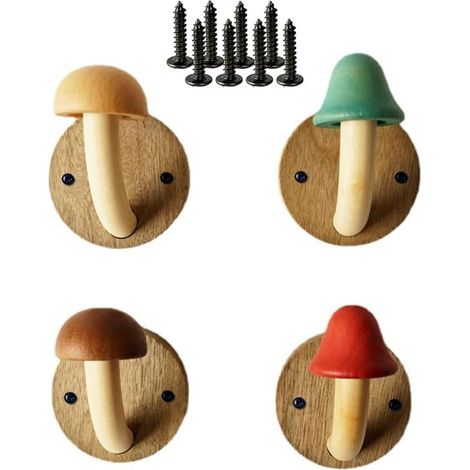 Crochets en bois en forme de champignon, patères pour vêtements, porte-serviettes mural, bois massif, coloré, ensemble avec crochets et vis (4 crochets et 8 vis)