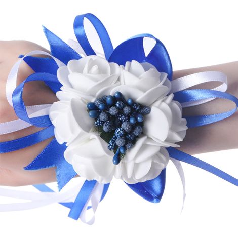 1pc fleur de poignet mariée style coréen bleu saphir artificielle ruban bouquet poignet mariage cérémonie 7cm (1/2)