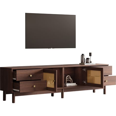 Armoire de télévision de 180 cm de long, en bois de couleur foncée. Elle dispose de deux portes battantes, quatre compartiments, un système pour organiser les câbles (1/5)