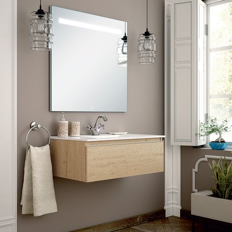 Meuble de salle de bain simple vasque - 1 tiroir - bambou (chêne clair) - PENA et miroir Led STAM - 80cm (1/5)
