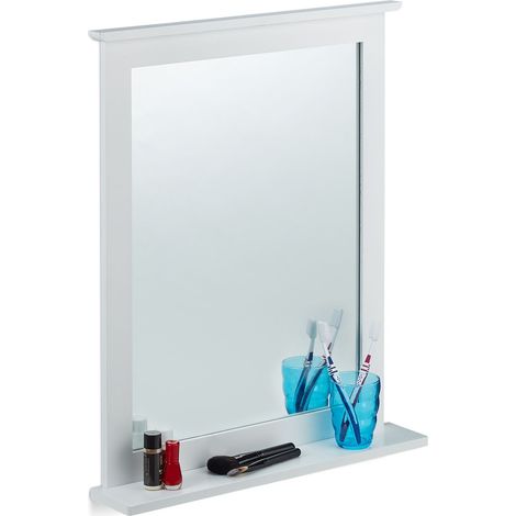 Relaxdays Wandspiegel Bambus, Ablage, Spiegel rechteckig, Wohnzimmer, Bad, Flur, Hängespiegel HBT 68 x 56 x 10 cm, weiß