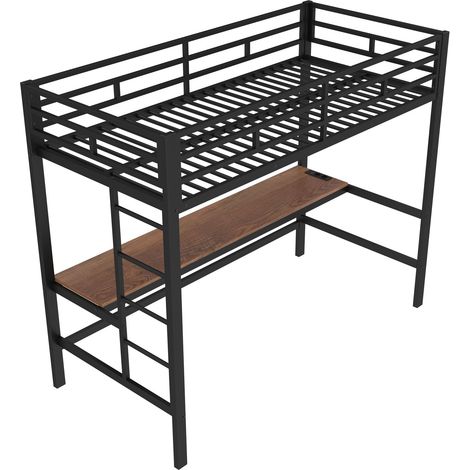 Lit mezzanine 90 x 200 cm avec garde-corps, échelle, bureau avec USB et prise, bande lumineuse à commande filaire, compatible avec l'application, éclairage LED, conforme EN747, sans matelas, métal, no (1/5)