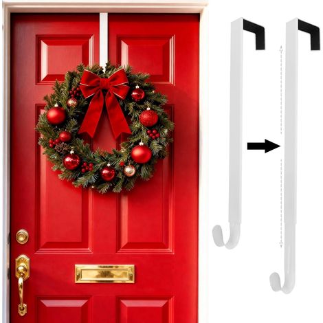 Support pour couronne de Noël - 1 pièce - Support réglable de 38 à 65 cm - Support pour couronne de porte d'entrée - Crochets - Support de porte - Pour suspendre des couronnes de Noël - Blanc (1/5)