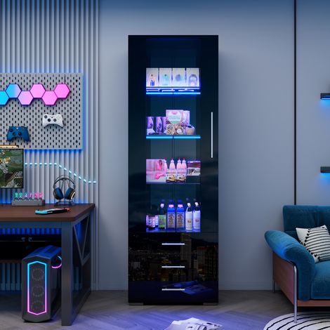 Vetrina 60x35x180 cm nera in MDF con LED, finitura lucida e 3 cassetti (1/5)