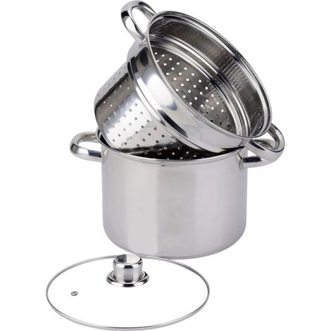 Cuiseur à Pâtes INOX 29,5 x 21,5 x 24,5 cm en Acier Inoxydable, Couvercle en Verre, Triple Fond Diffuseur, Compatible Tous Feux et Induction, Ustensile de Cuisine (1/5)