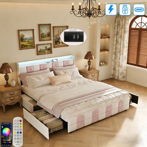 Lit Coffre 160x200 avec 4 Tiroir de Rangement, Lit Double avec LED et Ports USB/C, Tête de Lits avec Compartiment, Cadre Lits rembourré avec Sommier à Latte, 2 Places pour Adultes et Ados, Blanc Velo