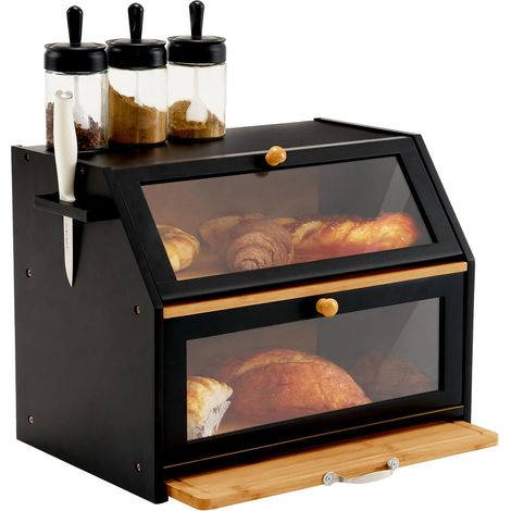 Boîte à pain écologique en bambou Panier à pain avec planche à découper Boîte de rangement Cuisine Rangement à pain Conteneur à pain Visualisé pour pain, pain grillé, Noir, 39 x 26 x 32,5 (L (1/5)