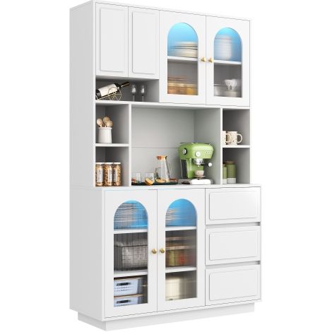 Credenza alta, mobile contenitore da cucina con ante in acrilico ad arco, mobile bar con scomparti a giorno, mobile con illuminazione a LED a colori regolabili tramite app, mobile dispensa per soggior (1/5)