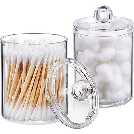 2 Pièces Distributeur de Coton, Boîtes de Rangement pour Cotons Tiges, Boîte Rangement pour Cotons, Ronde, Transparent, avec Couvercle, pour Les Cosmétiques, Les Boules de Coton, Les Tampons (1/5)