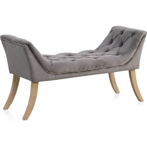 Banc tapissé en velours gris pieds bois design boutonné élégant - gris velours et bois naturel (1/5)