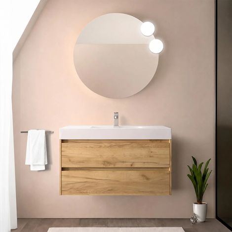 Mobile bagno sospeso 90 cm rovere africa con due cassetti e lavabo in resina Gaya (1/5)