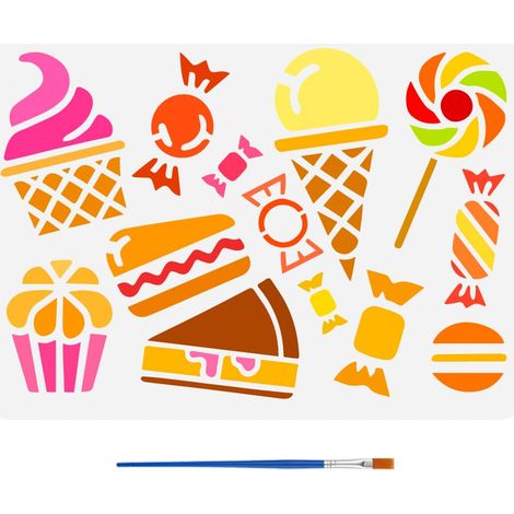 Pochoirs à Desserts 29.7x21cm - Motifs de Gâteaux, Bonbons, Sucettes, Crème Glacée, Macarons - Pochoir à Peinture Thèmes Quotidiens - Inclus: 1 Pochoir + 1 Pinceau en Plastique (1/5)