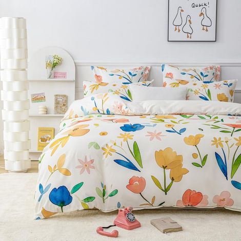 Parure de lit réversible 2 pièces avec housse de couette 135 x 200 cm et 1 taie d'oreiller 80 x 80 cm - Motif floral romantique et doux - Avec fermeture éclair (1/5)