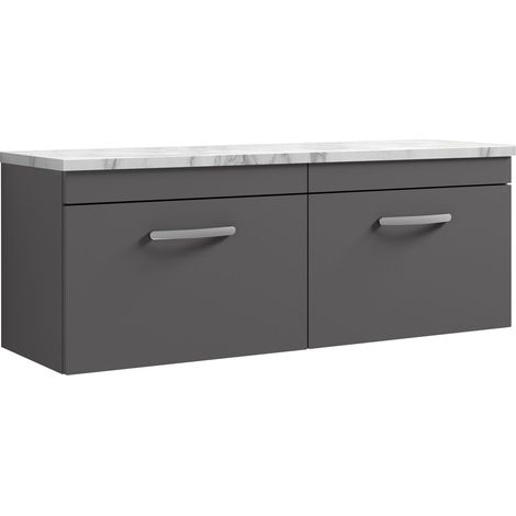 Nuie Athena Wall Hung 2-Drawer Vanity Unit with Carrera Marble Worktop 1200mm Wide - Gloss Grey (1/4)