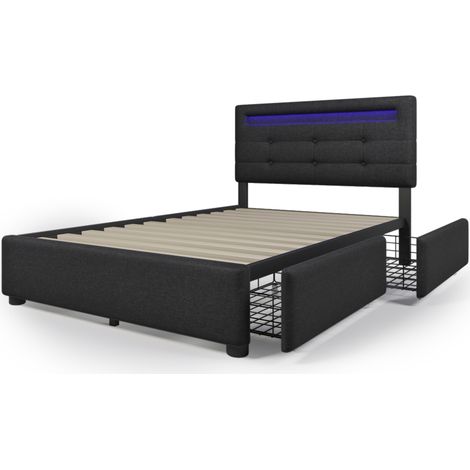 Letto contenitore 90x200 cm nero con LED e 2 cassetti, testiera regolabile, MODENUIT (1/5)