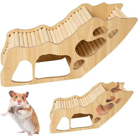 Tunnel hamster en bois – 32 x 16 x 10 cm – Pont et échelle – Naturel – Cage pour rongeurs (1/5)