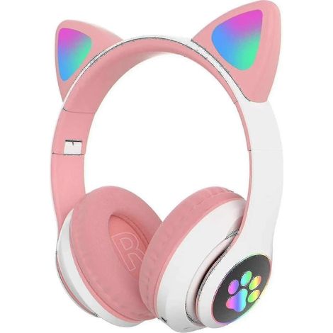 Casque audio à oreilles de chat pour enfants et adultes avec lumières LED, Bluetooth, pliable, sans fil, microphone intégré et réduction de bruit, rose. (1/5)