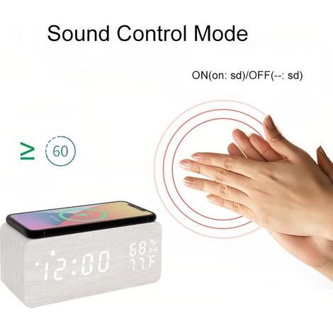 Digitaler Wecker aus Holz mit LED-Soundsteuerung, kabelloser Ladestation, Temperatur- und Feuchtigkeitsanzeige sowie einstellbarer Helligkeit für den Einsatz im Schlafzimmer und Homeoffice (weiß).
