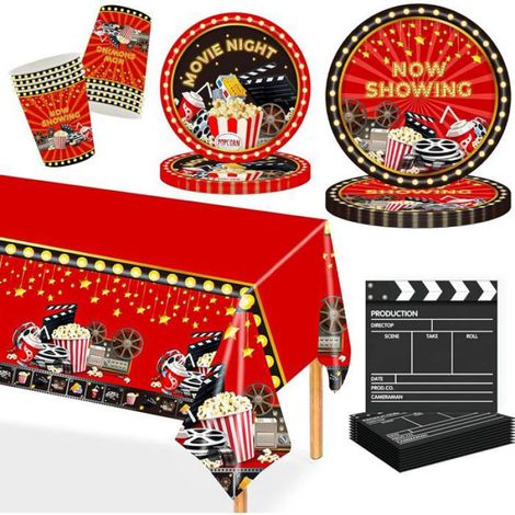 97 Pièces Ensemble Vaisselle, Assiettes, Gobelets, Serviettes, Thème Cinéma, Décoration Table, Soirée Hollywood, 24 Invités. (1/5)