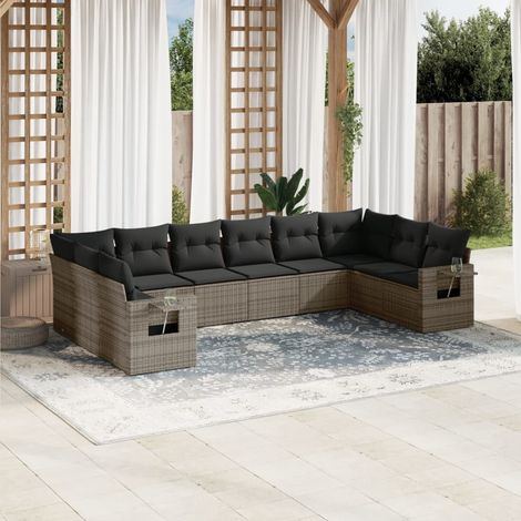 10-tlg. Garten-Sofagarnitur mit Kissen Grau Poly Rattan vidaXL (1/3)