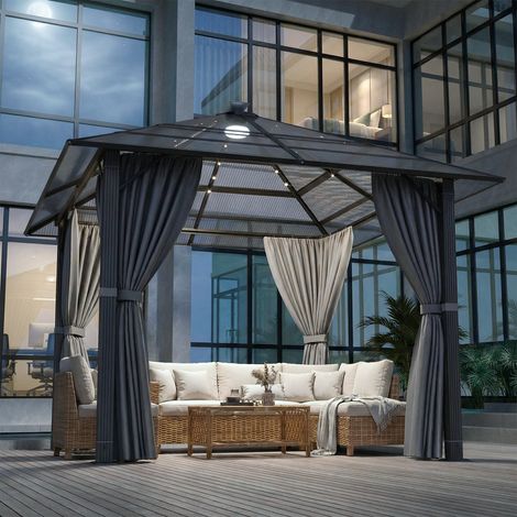 Gaze de jardin 3x3 étanche et stable avec éclairage LED, en aluminium, avec auvent fixe anti-UV et toit rigide, idéale pour une utilisation extérieure, Gris