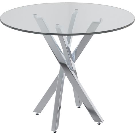 Table à manger ronde 80x80x75 cm en verre trempé avec pieds métalliques galvanisés argentés (1/5)