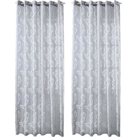 (Gris)2 Pièces Rideaux Voilage Gris 100x250 cm avec Motifs de Feuilles Décoration Élégante de Salon Chambre Salle à Manger (1/4)