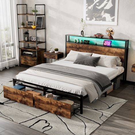 Metal bed, 4ft6 double bed 135x190cm, With LED light strip and 2 drawers, 2 USB port+1 Type , Durable and Sturdy, Youth bed, for adults & teenagers, Multifunctional bed, Wrought iron bed, Black+Walnut