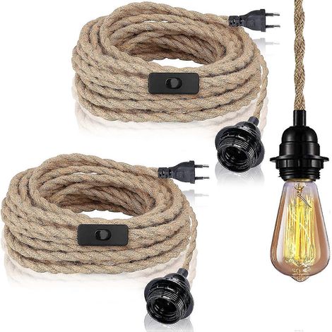 Lot de 2 suspensions avec interrupteur, câble en chanvre de 4,5 m, douille E27 pour hall d'entrée, cuisine, table à manger, bar (ampoule non incluse) (1/5)
