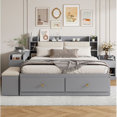 Bett Kombibett modern 140x200 cm grau aus Holz mit gepolstertem Kopfteil, Schubladen und Stauraumelementen (1/5)