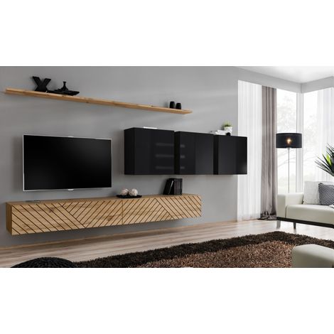 Ensemble de 7 meubles muraux "Switch VII " pour TV en bois - Beige et Noir - L 340 x H 150 x P 40 cm - Livraison gratuite