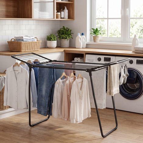 Étendoir à Linge Pliable, Gain de Place, 47 x 150 x 91 cm, Noir (1/5)