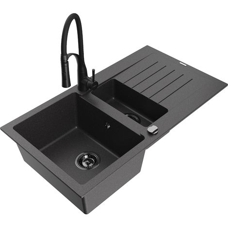 Mexen Matias Granitspüle 1,5-Becken mit Abtropffläche und Küchenarmatur Aster, schwarz gesprenkelt - 6502-76-73450-70-B (1/5)