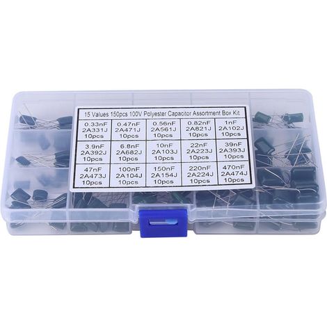 Condensateurs en Polyester, 150 pièces 100V 15 Valeur 0.33nF-470nF Condensateurs à Film de Polyester Kit d'assortiment Condensateurs à Film de boîte (1/5)