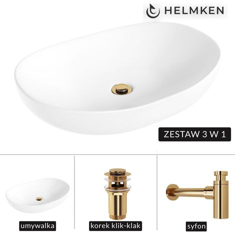 Lavabo de encimera Helmken 50263000 (63x42) Blanco + Sifón dorado + Tapón de clic dorado (1/5)