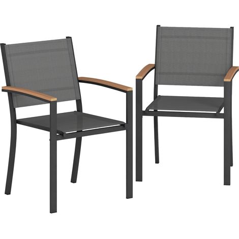 Set aus 2 stapelbaren Gartenstühlen aus Textilene und Metall mit Armlehnen aus WPC, komfortabel und stilvoll, anthrazitgrau