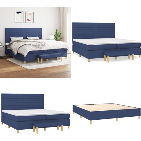 Sommier à lattes de lit avec matelas Bleu 200x200 cm Tissu - Lit Double - Lit Plateforme - Matelas À Ressorts Ensachés - Têtière Ajustable - Banc Rangement - Home & Living